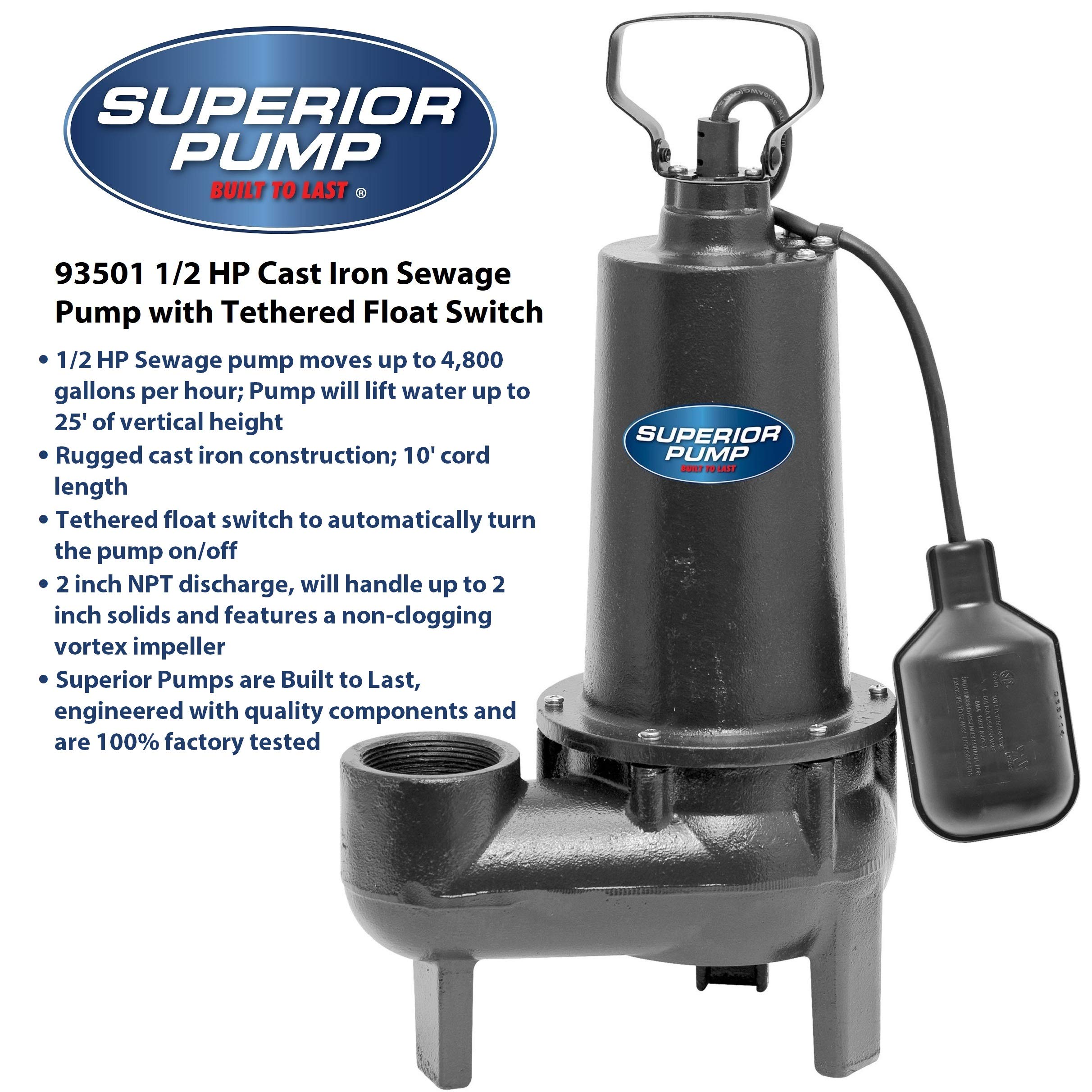 Superior Pump 93501 1/2 HP Cast Iron Sewage Pump with Tethered Float Switch - Heavy Duty Sump Pump for Basement, Crawl Space & Septic System Drainage