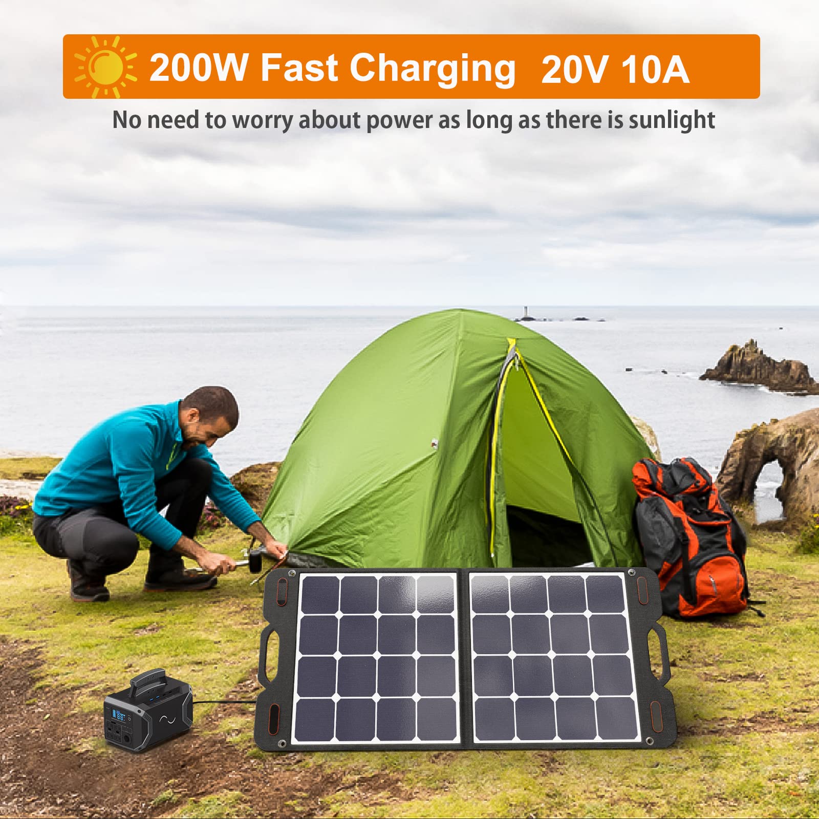 200W Portable Foldable Solar Panel Charger with Kickstand - High Efficiency 23.5% Monocrystalline Solar Panel - Waterproof IP65 Oxford Leather Fabric - Perfect for RV, Camping, Outdoor Power Stations & Emergency Power Supply