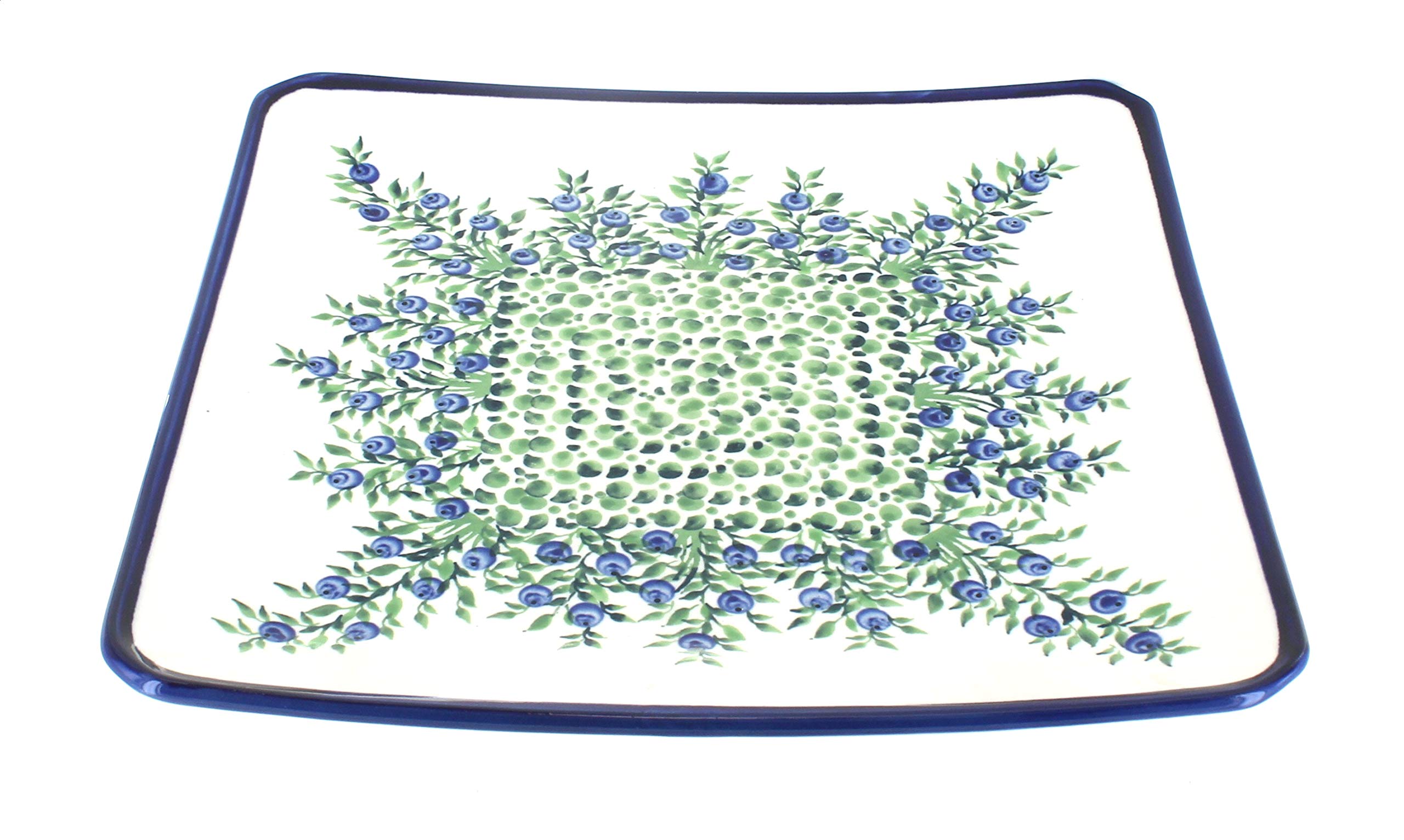 Blue Rose Polish Pottery Porcelain Square Dinner Plate - Handmade Floral Vine Design for Elegant Dining, Wedding & Home Decor