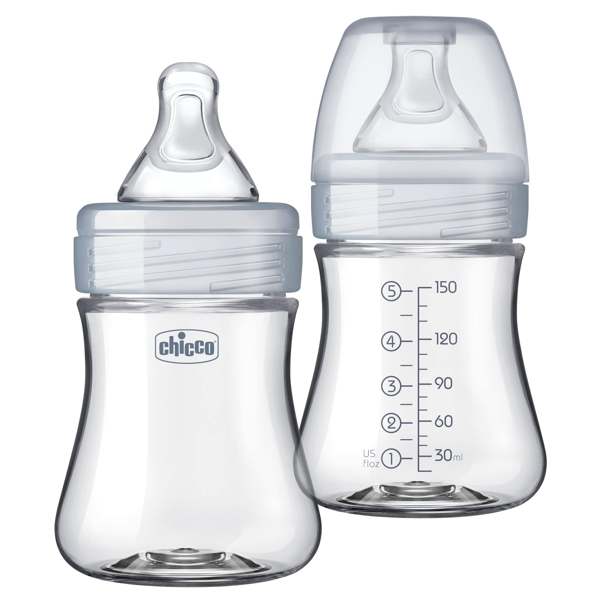 Chicco Duo 5oz Hybrid Baby Bottle with Invinci-Glass Inside & Plastic Outside - Dishwasher, Bottle Warmer & Sterilizer Safe - Intui-Latch Nipple - Clear/Grey, 2 Pack - Perfect for Breastfeeding, Formula Feeding & On-the-Go Use