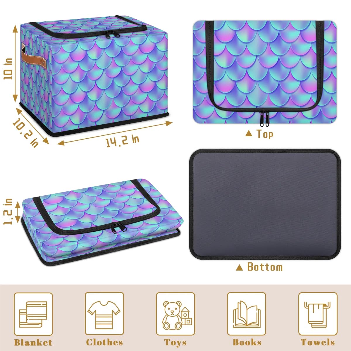 Colorful Fish Scale Pattern Zippered Storage Bins - Foldable Fabric Closet Organizer with Handles (2-Pack) for Clothes, Blankets, Toys - Perfect for Bedroom, Nursery & Closet Organization