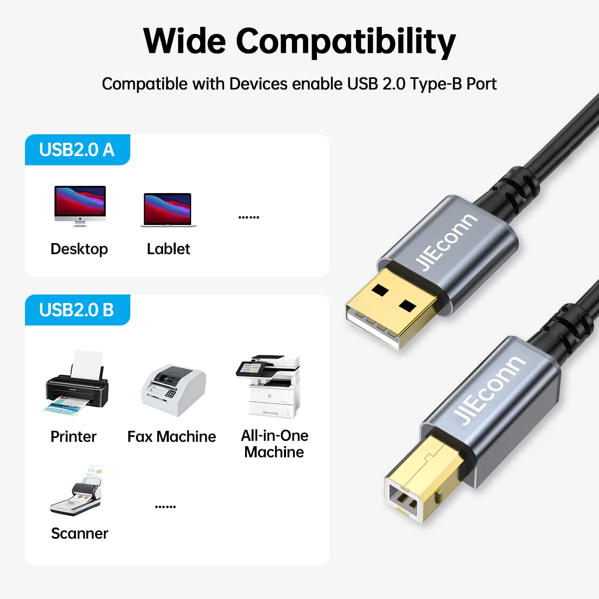 4ft USB Printer Cable A to B Midi Cord - Compatible with Canon, HP, Epson Printers - High-Speed Data Transfer for Home & Office Use (Gray)