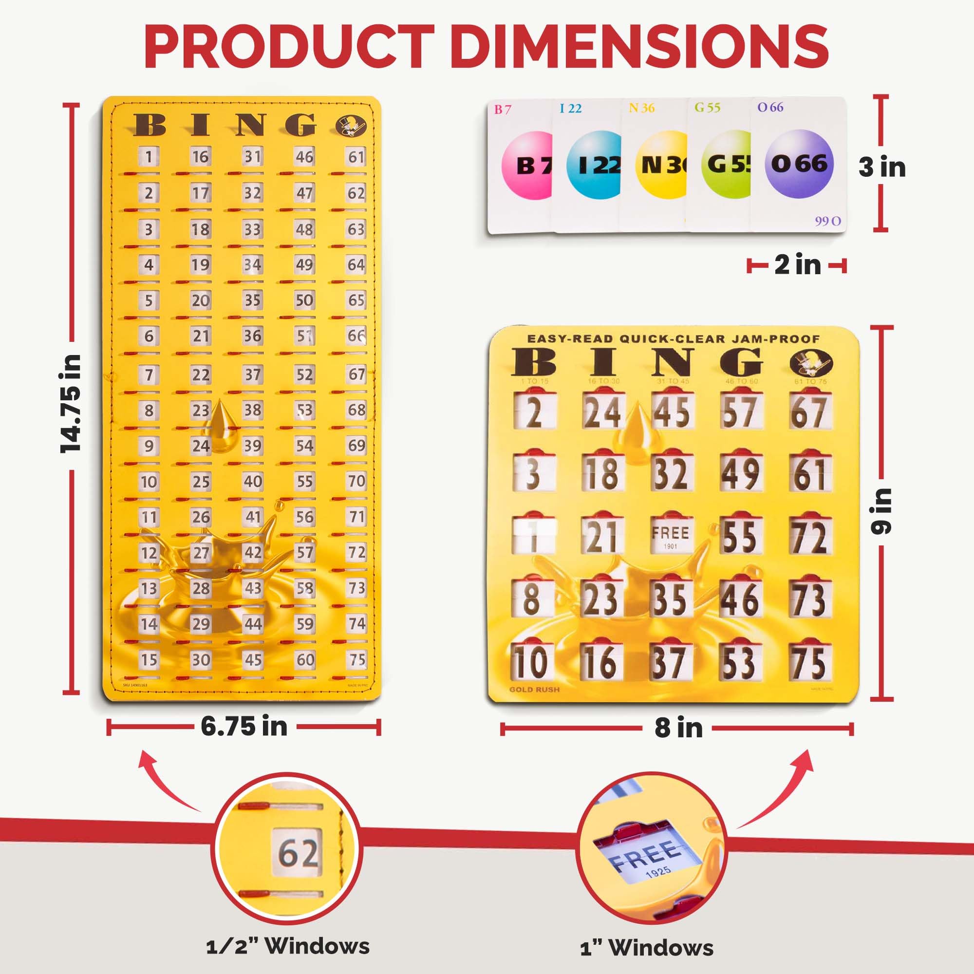 MR CHIPS Jam-Proof Bingo Cards with Sliding Windows - 50 Reusable Shutter Cards, 75 Calling Cards & 1 Master Board in Gold Rush Style - Perfect for Family Game Nights, Bingo Parties & Casino-Themed Events