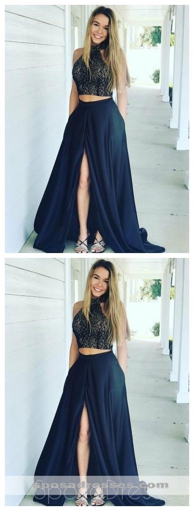 Elegant Navy Halter Two-Piece Prom Dress with Side Slit - Sweet 16 Evening Gown for Formal Dances & Special Occasions | Style 18314