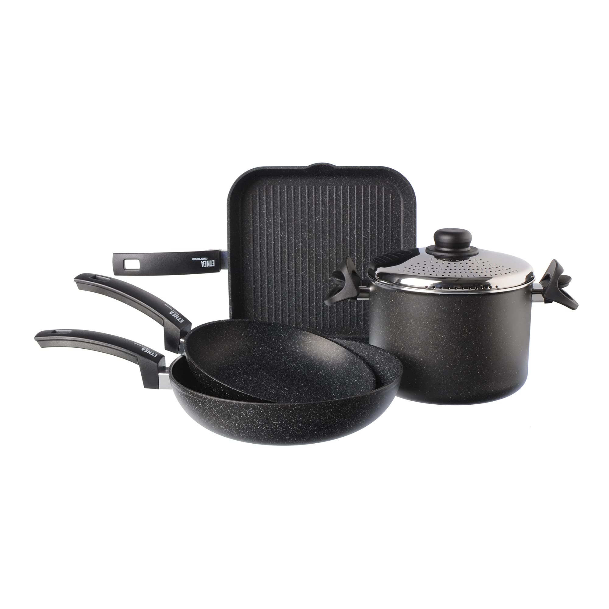 Moneta Etnea 5-Piece Smart Cookware Set - 24cm Frying Pan, 28cm Wok, 28x28cm Grill Pan, 22cm Saucepan with Lid - Nonstick Kitchen Essentials for Home Cooking, Sautéing & Stir-Frying