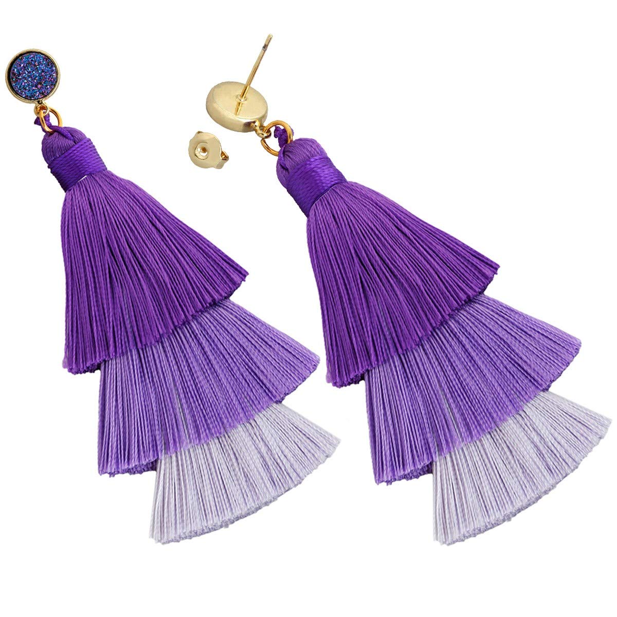 Nupuyai 2 Pairs Bohemian Layered Tassel Earrings for Women - 3 Tier Dangle Drop Earrings Set with Druzy Studs in Purple & Orange | Perfect for Festival, Party & Boho Fashion Accessories