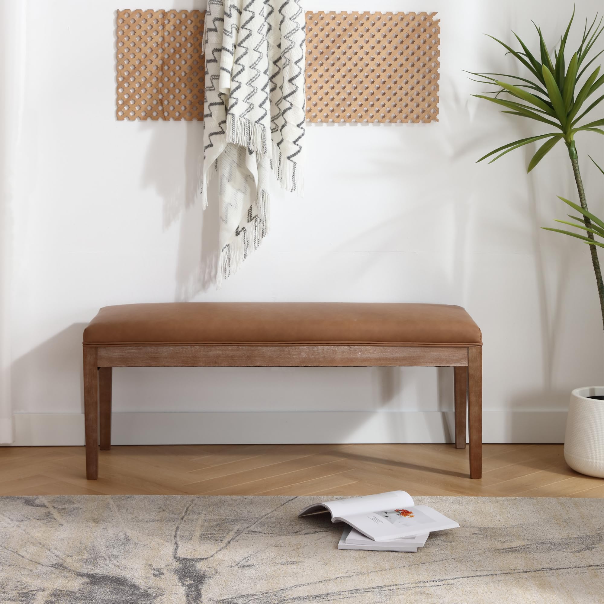 Farmhouse Upholstered Entryway Bench with Wood Legs - Brown PU Leather Shoe Storage Bench for Hallway, Porch, Bedroom, Dining Room | Perfect for Entryway Seating, Shoe Organization, and Extra Dining Seating