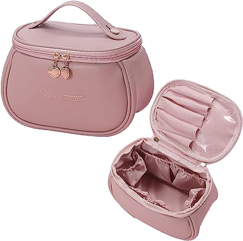 WOPPCART Leather Makeup Bag for Women - Large Capacity Travel Cosmetic Organizer with Handle & Divider - Portable Toiletry Bag for Brushes & Cosmetics - Perfect for Travel, Gym, and Daily Beauty Essentials