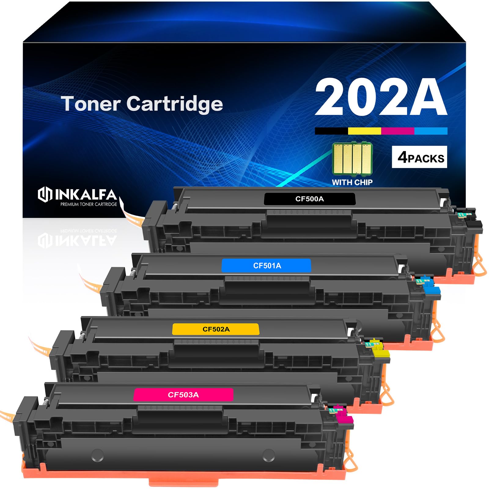 4-Pack 202A Toner Cartridge Replacement for HP 202A/CF500A/CF501A/CF502A/CF503A - Compatible with HP Color Pro MFP M281fdw/M281cdw/M254dw/M281fdn/M254/M281 Series Printers (Black, Cyan, Yellow, Magenta) - High-Quality Ink for Home & Office Printing