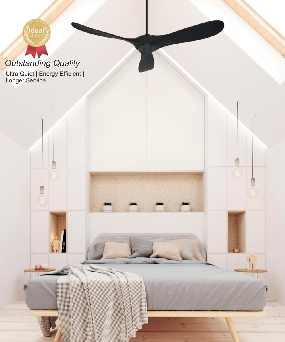 Goozegg 52 Inch Black Ceiling Fan with Remote Control - 3 Solid Wood Blades, Energy Efficient DC Motor, No Lights - Perfect for Living Room, Bedroom & Outdoor Spaces