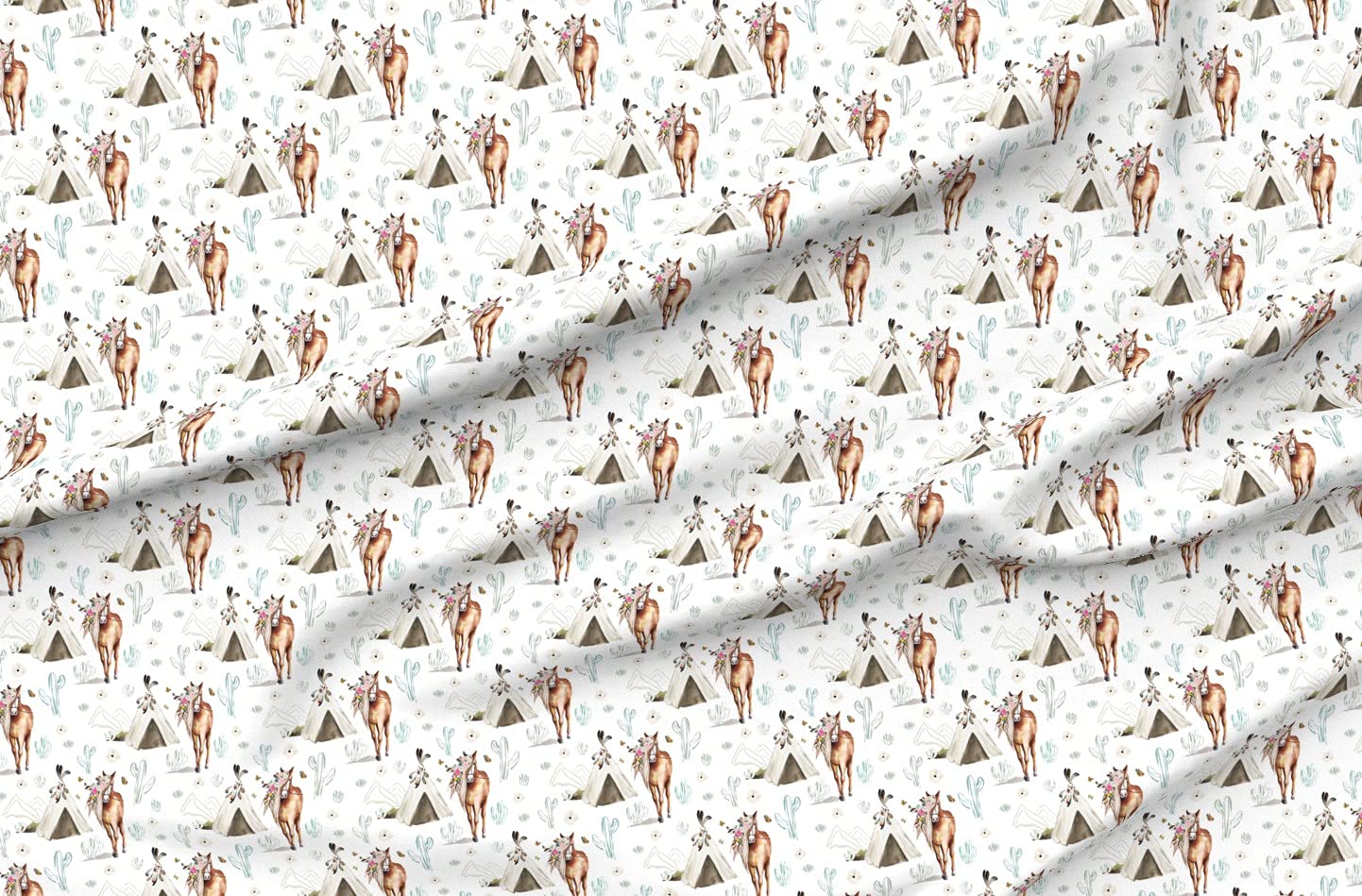 Spring Boho Floral Horse Pony Teepee Dreamcatcher Feathers Printed Chiffon Fabric - Fat Quarter for Sewing Dresses, Fashion Apparel & Boho Home Decor | DIY Crafts, Bohemian Clothing & Nursery Decor