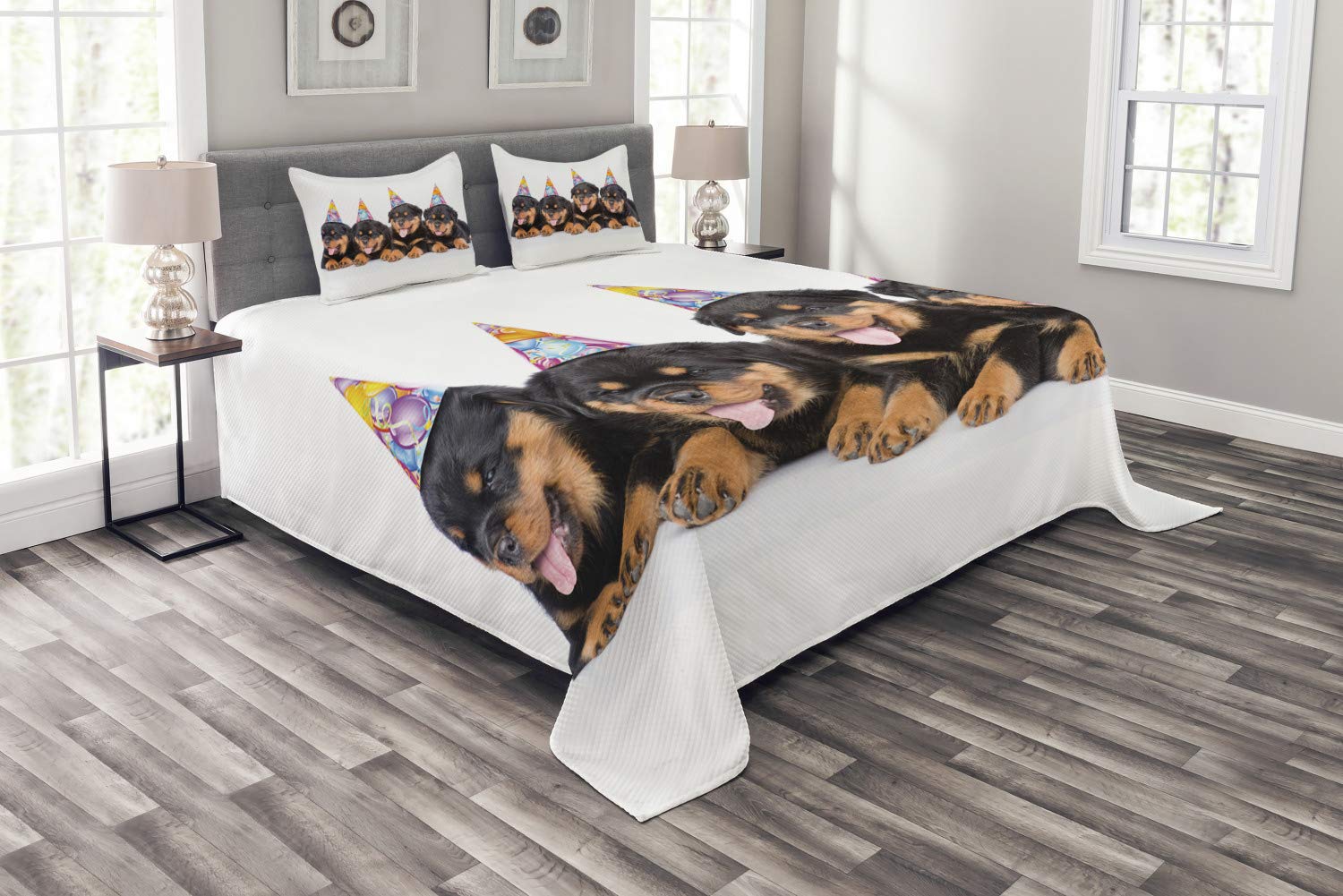 Ambesonne Rottweiler Dog Birthday Bedspread Set - 3 Piece King Size Bedding with 2 Pillow Shams, Marigold & Black Pet Party Design - Perfect for Dog Lovers' Birthday Decorations & Themed Bedroom Makeovers