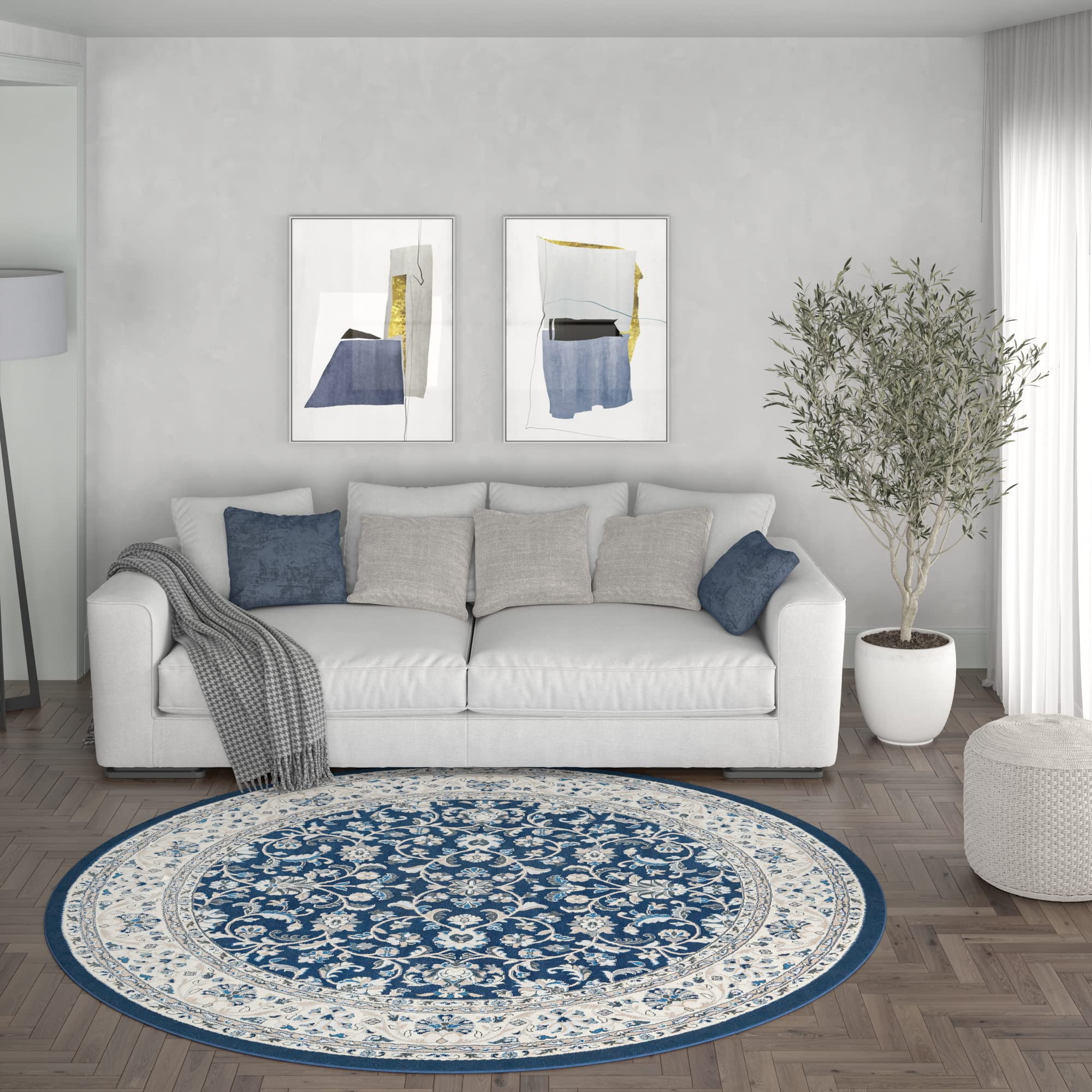 Dark Blue Modern Large 8ft Round Area Rug - Soft Contemporary Carpet for Living Room, Bedroom, Dining Room, Kitchen & Entryway - Perfect for Home Decor, Family Gatherings and Cozy Spaces