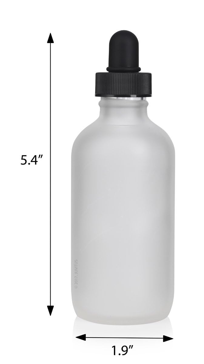 JUVITUS 4 oz Frosted Clear Glass Boston Round Bottle with Black Glass Dropper - 6 Pack Set Includes Funnel for Essential Oils, DIY Beauty Products & Herbal Remedies