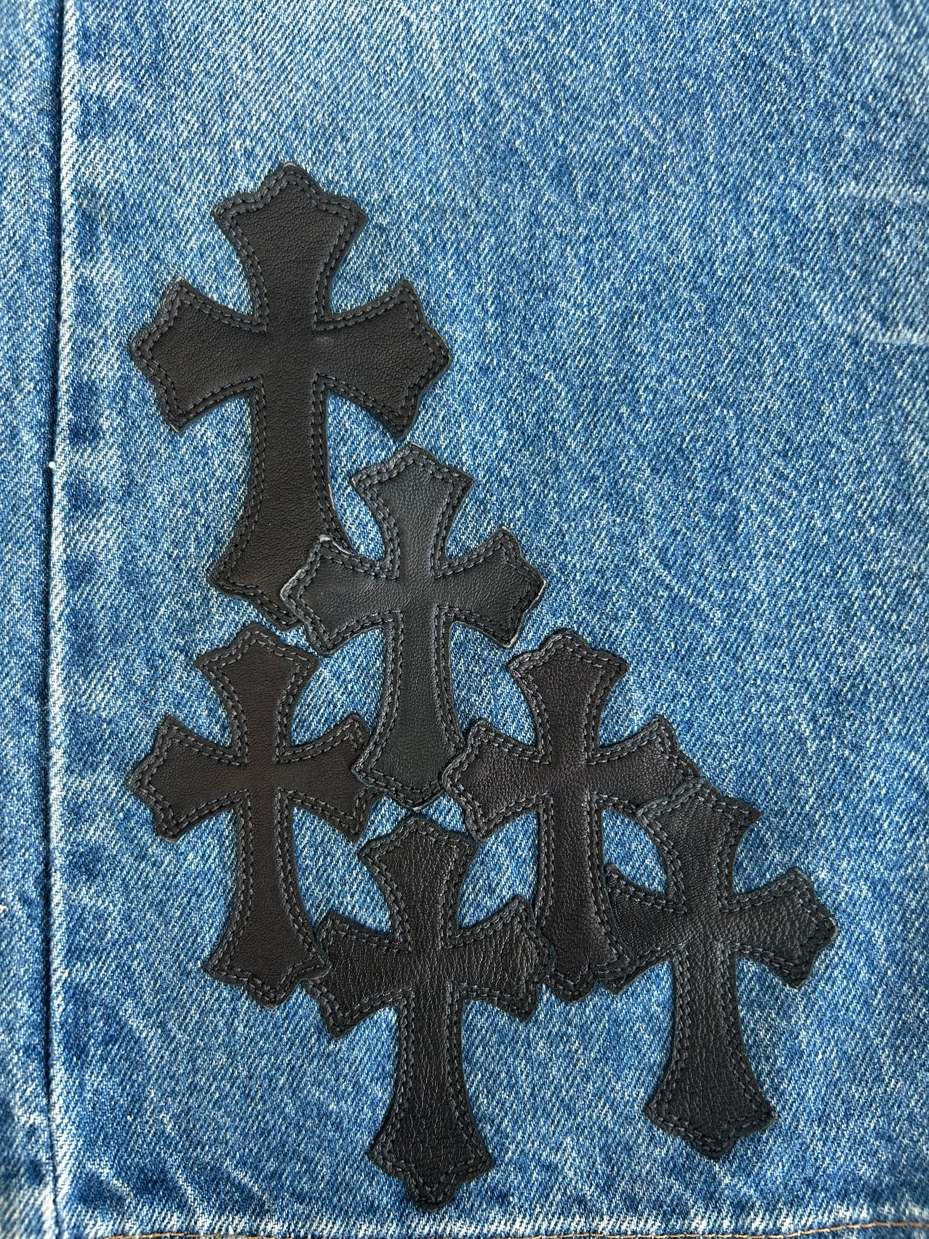 Chrome Hearts x Levi's Blue & Black Cross Patch Denim Jeans for Men - Stylish Vintage Distressed Skinny Jeans - Perfect for Casual Outfits, Streetwear, and Night Out