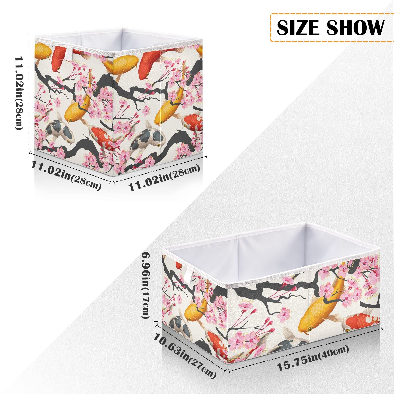 Japanese Cherry Blossom Print Foldable Storage Bins - Yellow & Red Fish Design Collapsible Fabric Cube Organizer with Handles for Nursery, Closet, Shelves - Perfect for Kids' Toys, Home Organization & Seasonal Decor