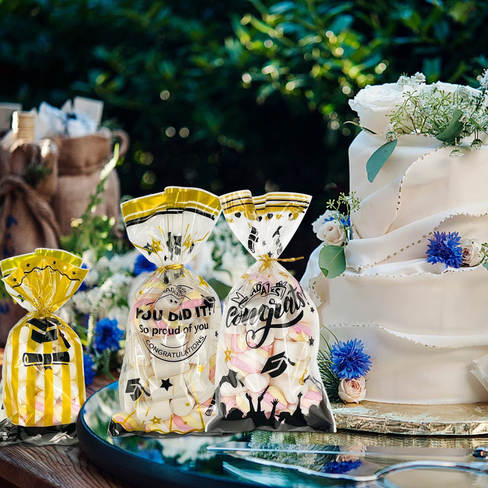 Bnsikun 100Pcs Graduation Cellophane Treat Bags - Clear Candy Popcorn Favor Bags for Graduation Party, Birthday, Baby Shower & Wedding Table Decorations
