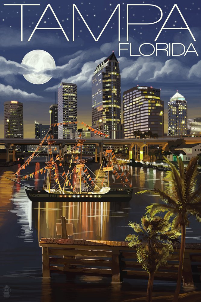 Lantern Press Tampa Florida Skyline at Night - 12x18 Wall Art Poster for Home & Office Decor - Perfect for Living Room, Bedroom & Gift Ideas