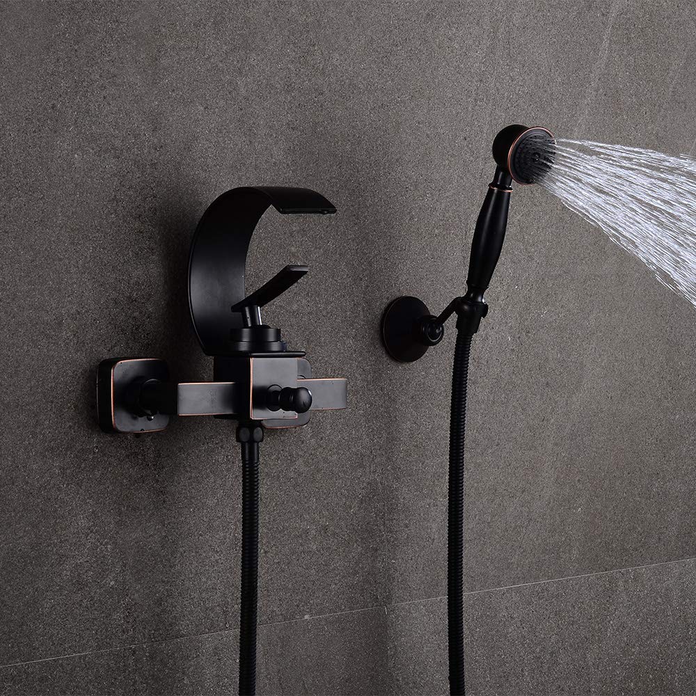 Wovier Oil Rubbed Bronze Waterfall Wall Mount Bathtub Faucet - Single Handle Tub & Shower Mixer with Handheld Shower Set in Black | Modern Bathroom Fixture for Spa-Like Relaxation