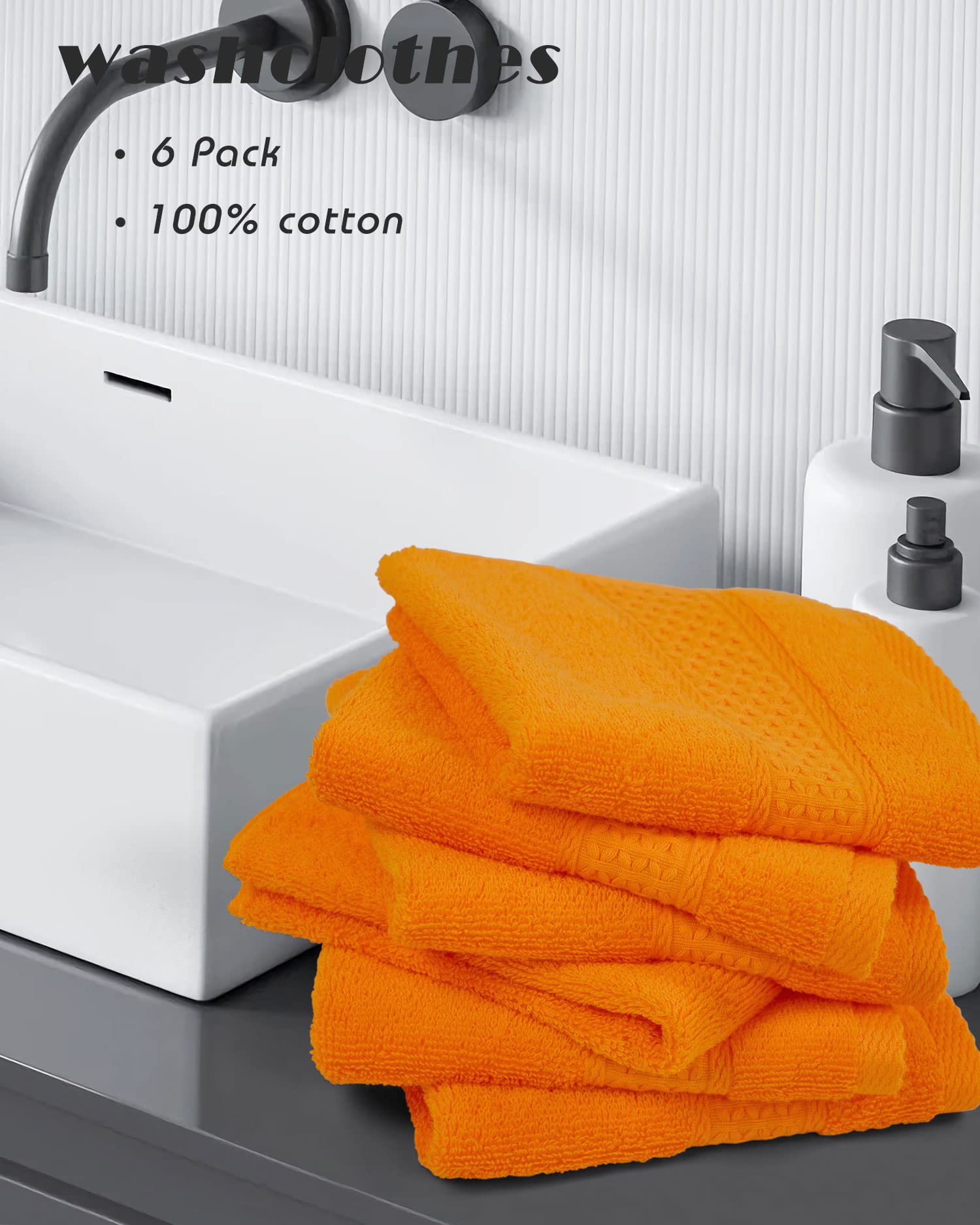 Cleanbear 6-Pack Orange Cotton Washcloths - 13x13 Inch Large, Soft & Highly Absorbent Face Towels for Bathroom, Spa & Daily Skincare Routine