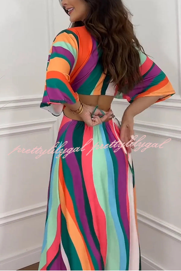 Wilma Unique Print Cutout Elastic Waist Tie Up Kimono Sleeve Maxi Dress - Women's Flowy Summer Beach Cover Up Dress for Vacation, Party & Boho Fashion
