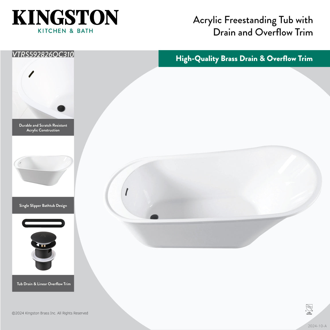 Aqua Eden 59-Inch Freestanding Acrylic Oval Bathtub - Glossy White & Matte Black Slipper Tub with Drain | Modern Soaking Tub for Spa-Like Relaxation in Master Bathroom