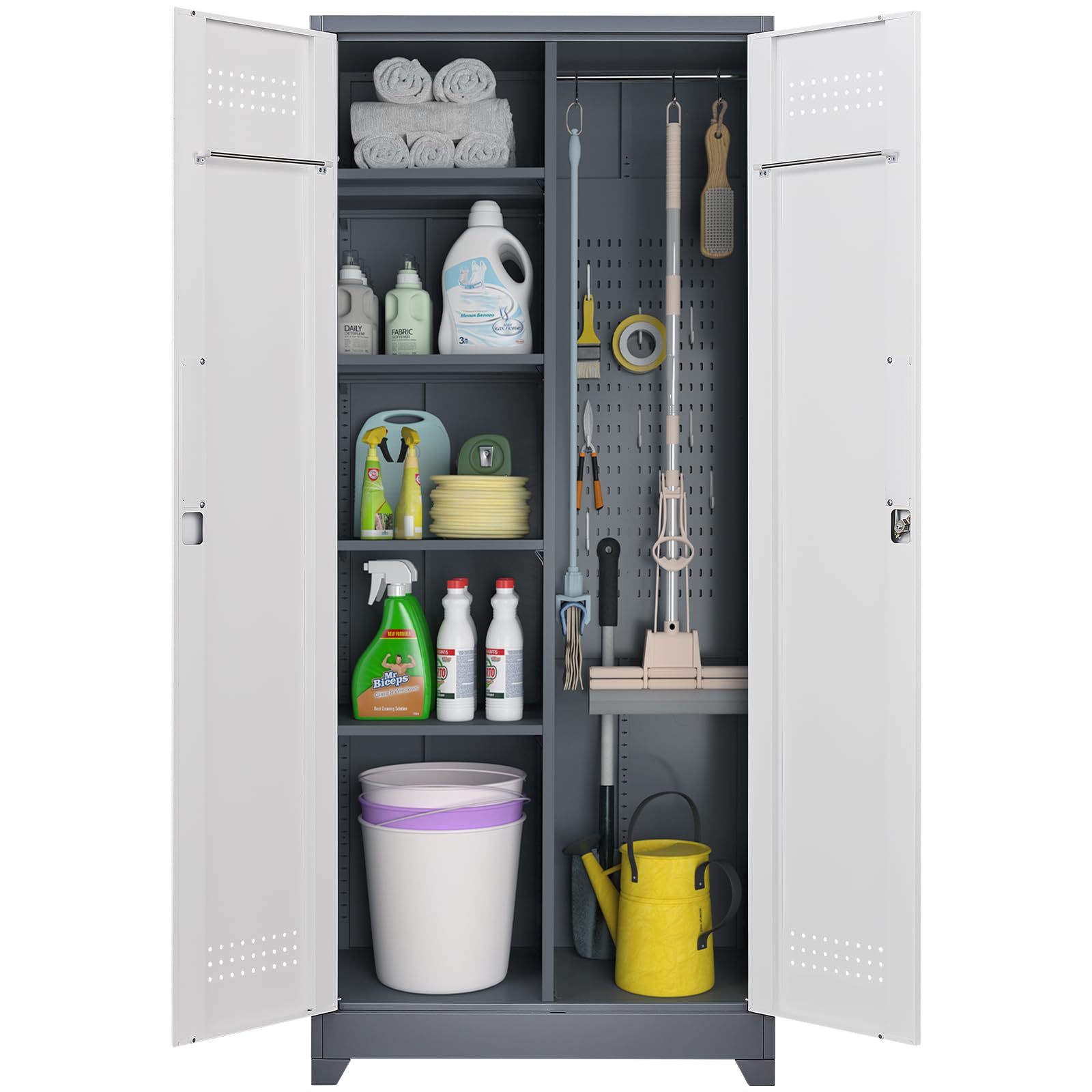 Metal Broom Storage Cabinet - Heavy Duty Cleaning Tool Organizer for Garage, Office & Home - Wall Mounted Cleaning Supplies Closet with Adjustable Shelves (Perfect for Mops, Brooms, Vacuum Accessories)