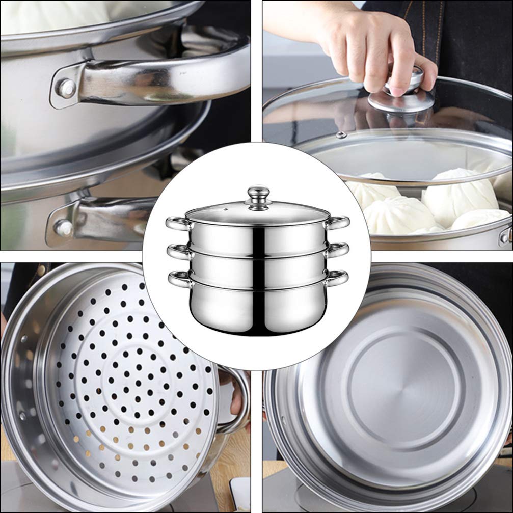 Stainless Steel 3-Tier Vegetable Steamer Pot - 32cm Dumpling & Seafood Steamer Cookware for Tamales, Vegetables & More | Perfect for Healthy Cooking, Meal Prep & Asian Cuisine