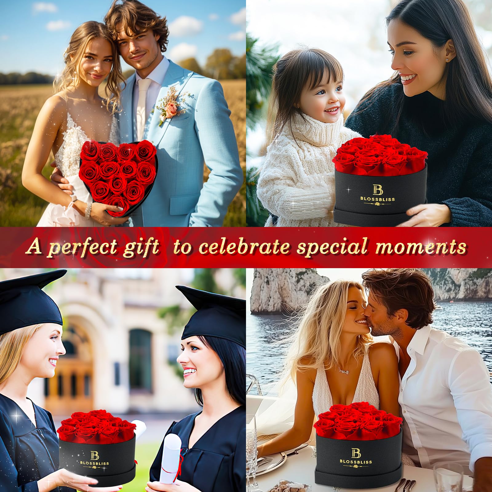 BLOSSBLISS 12-Piece Preserved Red Roses in Heart-Shaped Box - Eternal Love Gift for Wife, Anniversary, Valentine's Day & Mother's Day - Perfect for Romantic Surprises, Home Decor & Special Occasions