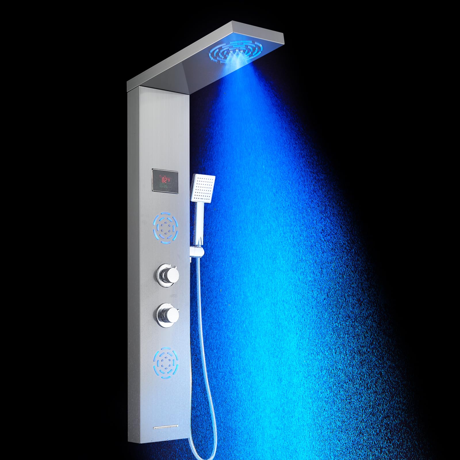 POPFLY LED Shower Panel Tower System with Rainfall Shower Head, 2 Body Jets, Tub Spout & Temperature Display - Brushed Nickel Finish - No Battery Needed - Perfect for Modern Bathroom Renovation and Spa-Like Shower Experience