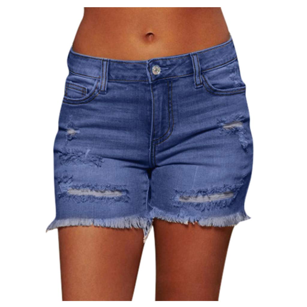 hlysgo Women's Mid Rise Ripped Stretchy Denim Shorts with Frayed Raw Hem - 2024 Summer Casual Jeans Shorts for Beach, Travel, and Everyday Wear