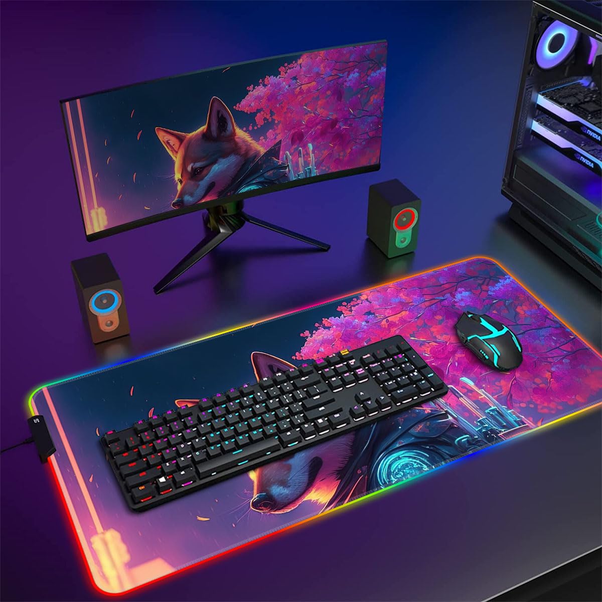 HEYCE Large Gaming Mouse Pad with LED Mechanical Dog Design (60x35x0.3cm) - Non-Slip RGB Mouse Mat for PC, Laptop, Office & Gaming - Perfect for Work, Esports & Computer Setup