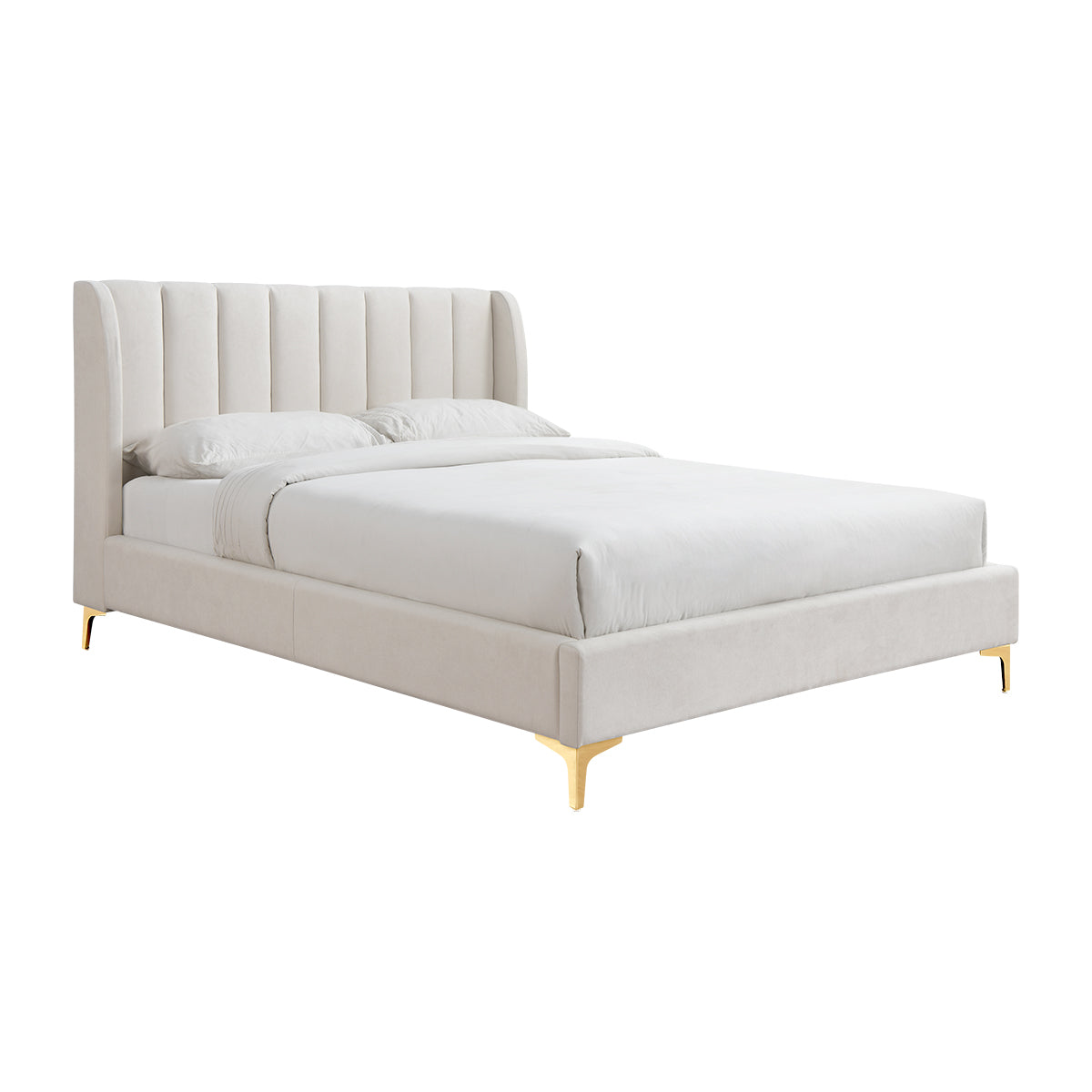 Premium Georgia Fabric Queen Size Bed Frame - Cream Upholstered Platform Bed with Wooden Slats | Perfect for Master Bedroom, Guest Room & Modern Home Decor