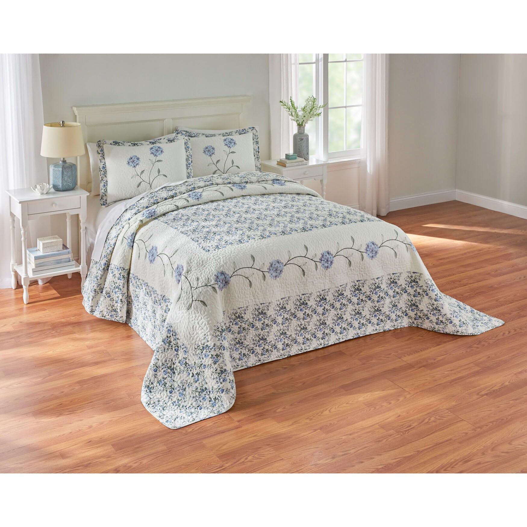 BrylaneHome Margaret Embroidered Queen Size Bedspread - Blue Floral Design for Bedroom Decor | Perfect for Master Bedroom, Guest Room & Hotel Styling