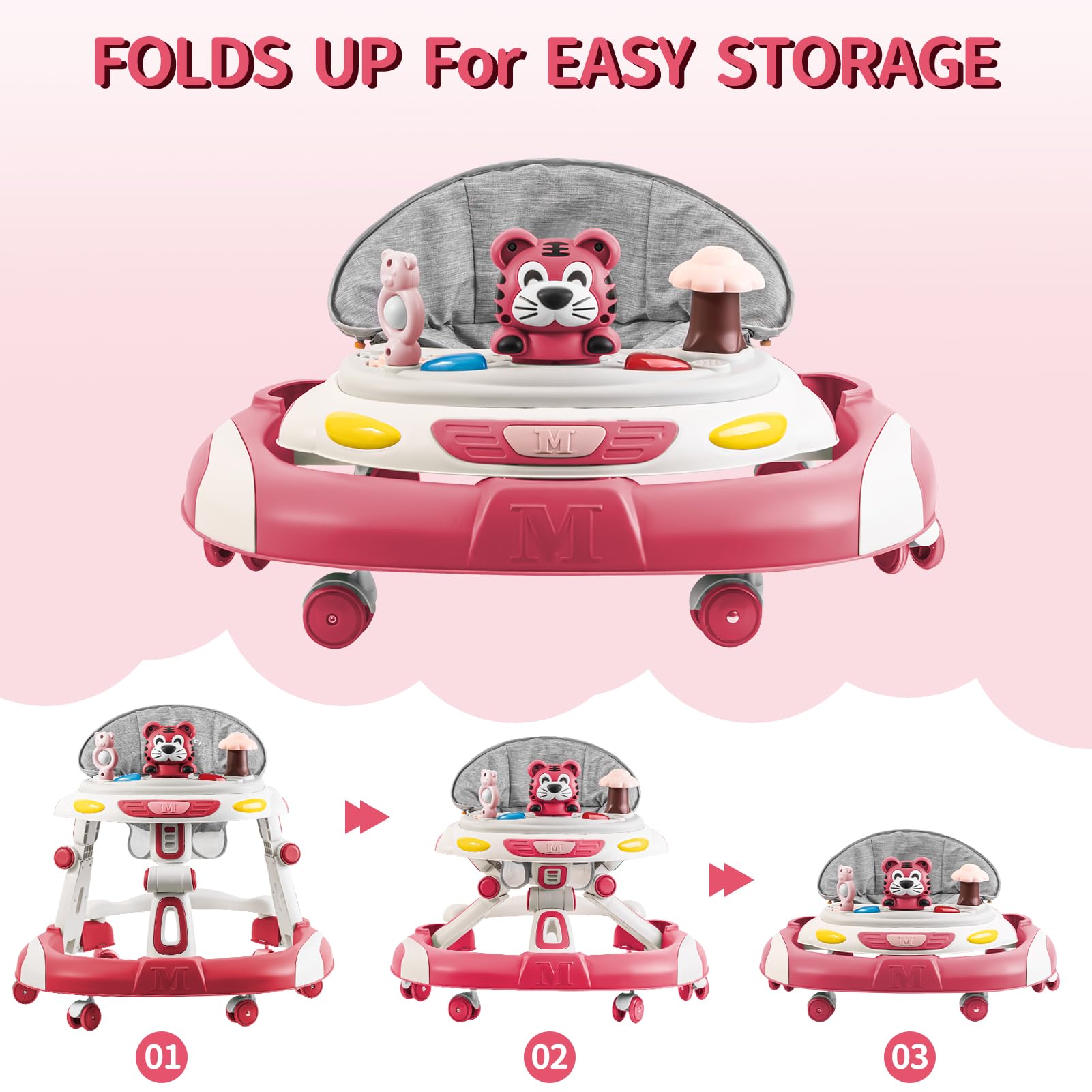 4-in-1 Foldable Baby Walker & Activity Center with Toy Tray - 3-Level Height Adjustable Infant Walker with Wheels for Boys & Girls 6-24 Months (Pink) | Perfect for Learning to Walk, Playtime & Early Development at Home