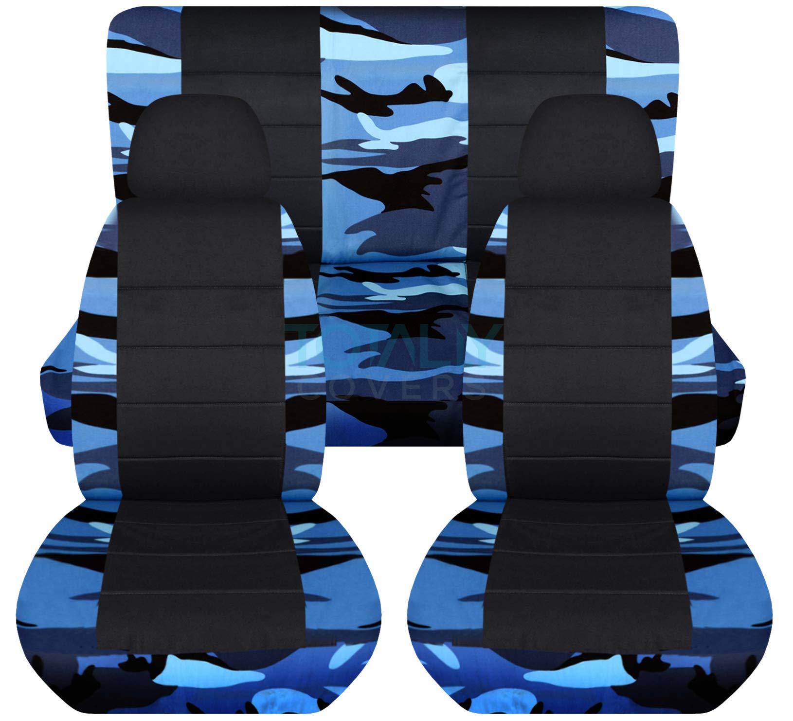 Universal Camouflage & Black Car Seat Covers Set with 2 Headrest Covers - Blue Camo Pattern | Semi-Custom Fit for Cars, Trucks, Vans, RVs & SUVs (22 Print Options) | Perfect for Outdoor Adventures, Hunting Trips & Off-Roading