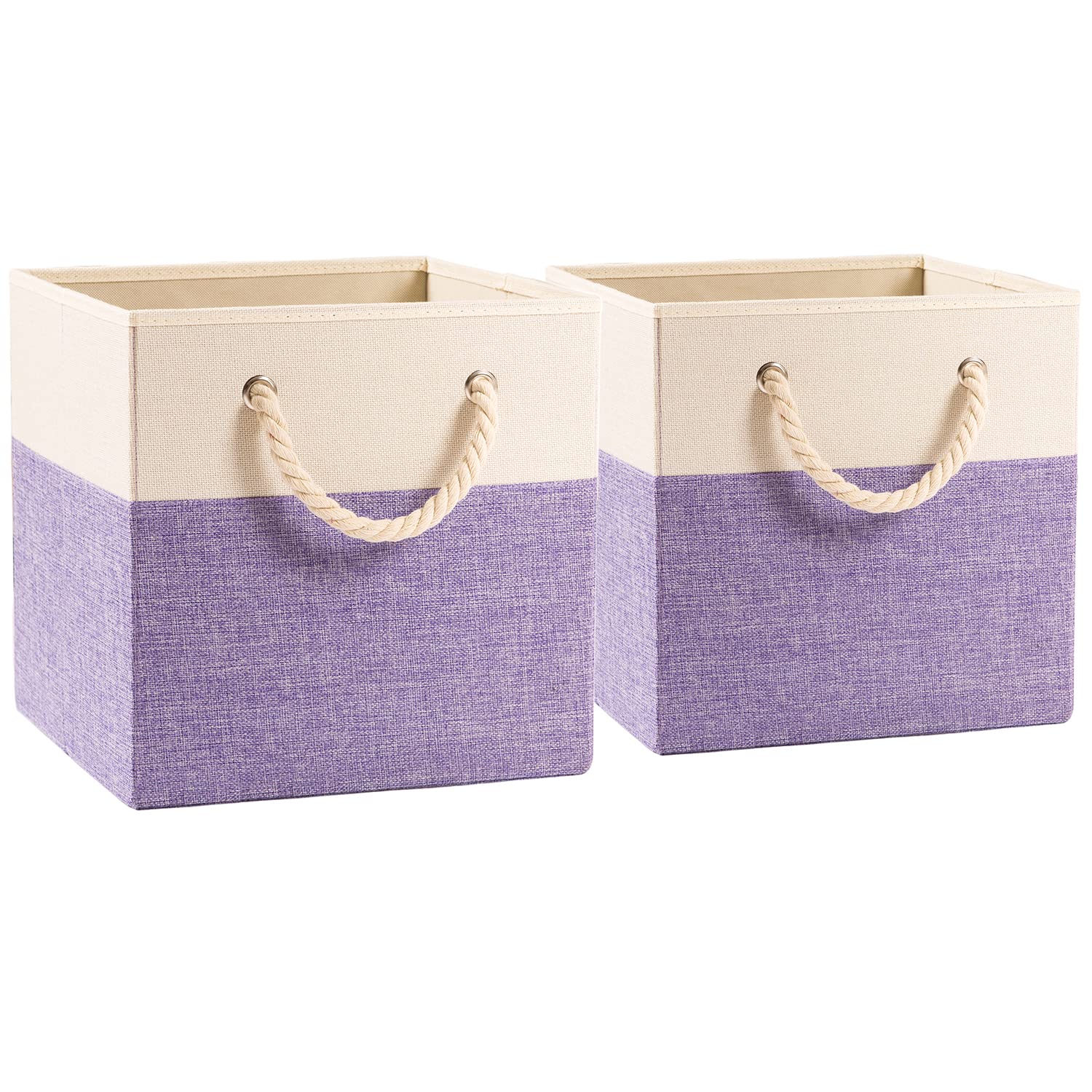 PRANDOM Large Foldable Cube Storage Bins 11x11 inch [2-Pack] - Fabric Linen Storage Baskets with Cotton Handles - Closet Organizer for Shelves, Toys, Nursery & Bedroom - Space Saving Home Organization (Purple) - Perfect for Kids' Rooms, Dorm Storage & Living Room Decor