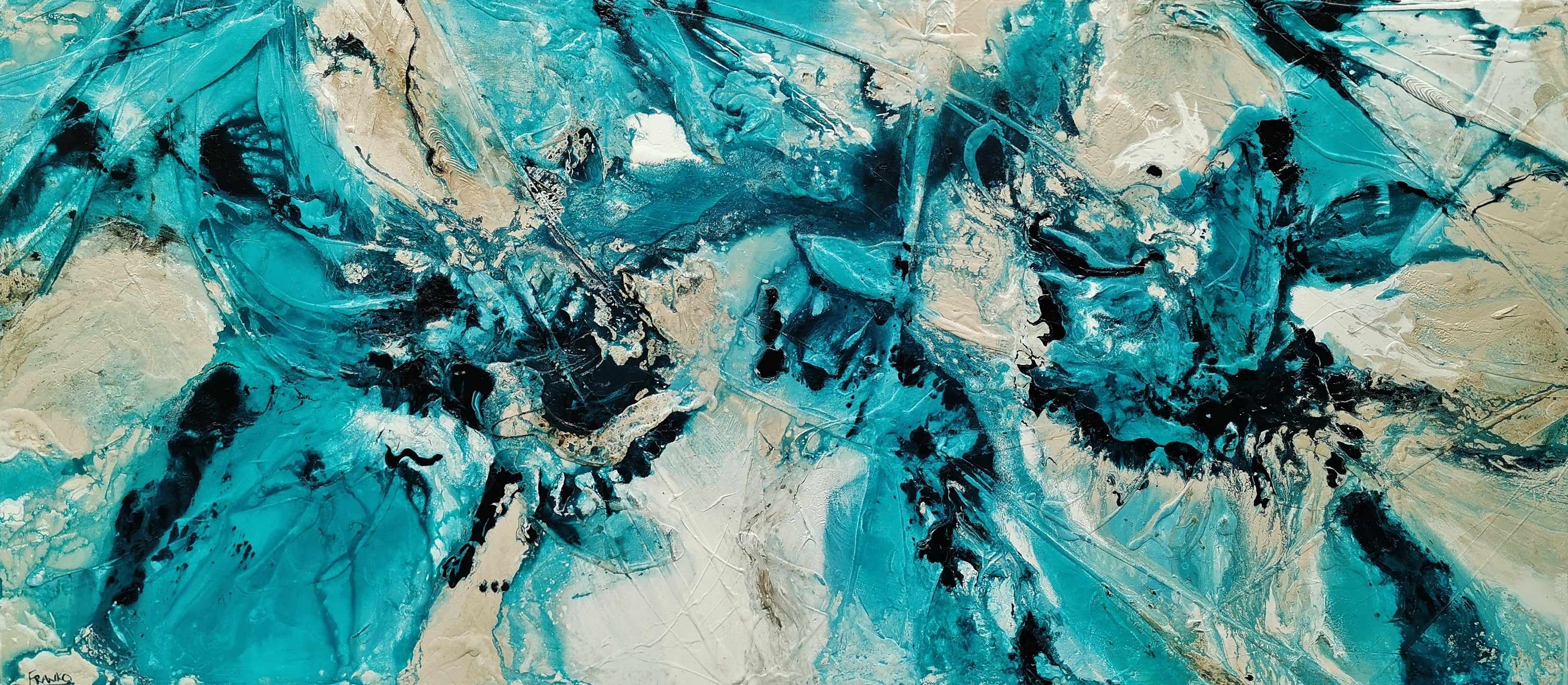 270cm x 120cm Cream Teal Textured Abstract Wall Art Painting - Handmade Canvas Artwork for Living Room, Bedroom & Office Decor | Modern Home Decoration