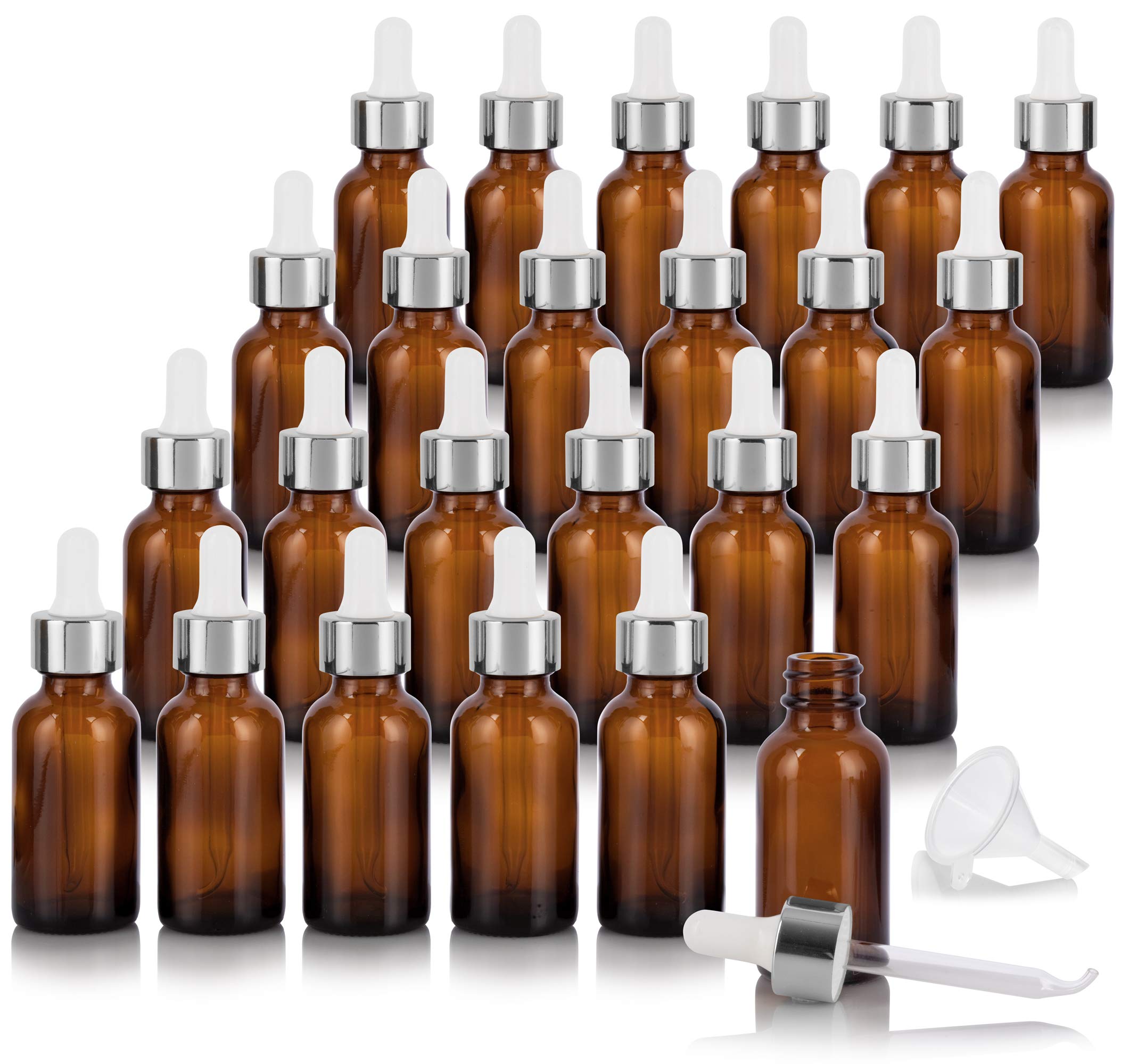 JUVITUS 1 oz Amber Glass Boston Round Bottle with Silver Metal & Glass Dropper + Funnel (24 Pack) - Essential Oil Bottles, DIY Skincare Containers, Herbal Tincture Storage for Home, Lab & Craft Projects