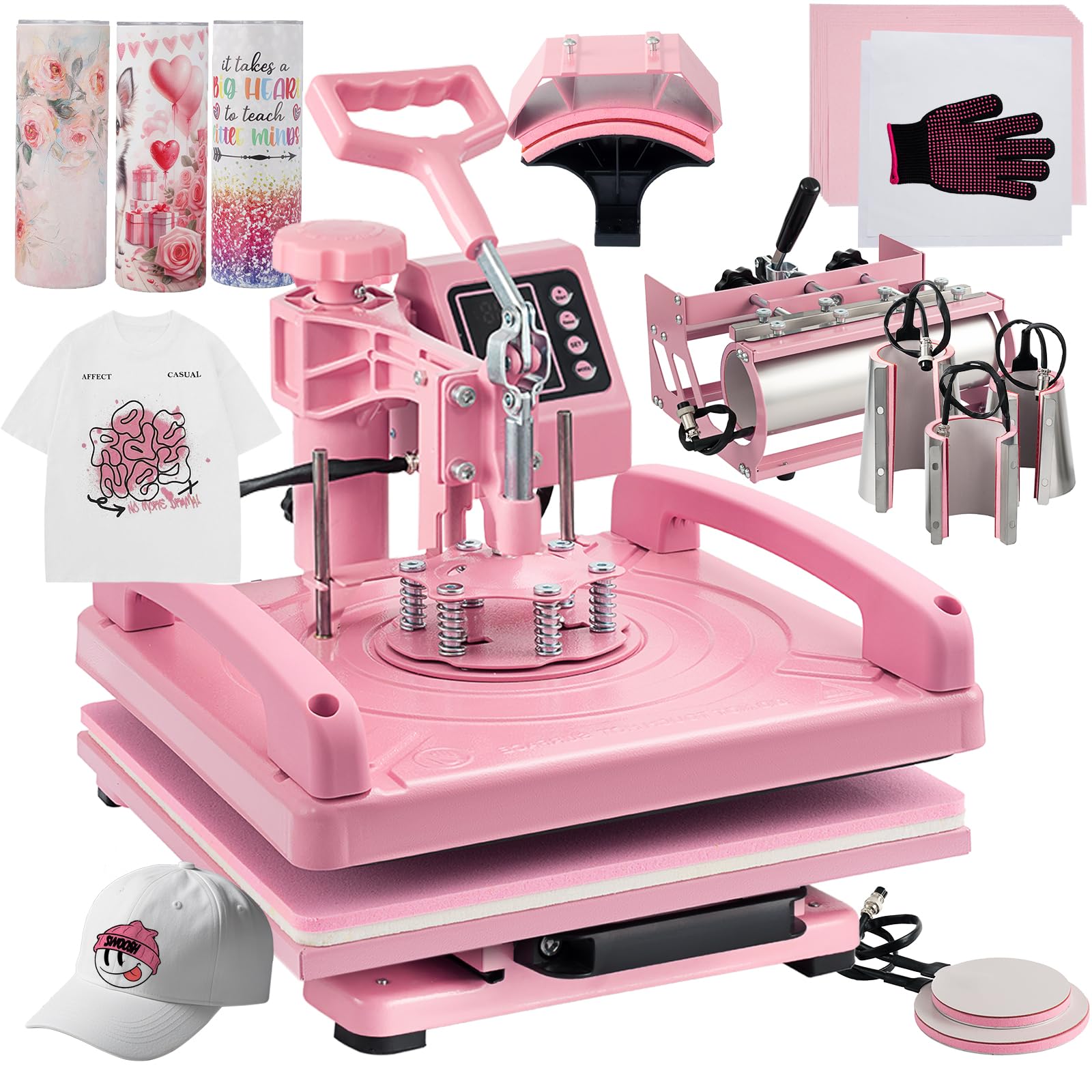 8 in 1 Heat Press Machine 15x15 Inch - Digital T-Shirt, Hat, Mug & Plate Heat Transfer Press with 360° Swing Away & 30OZ Tumbler Press (Pink) - Perfect for DIY Custom Apparel, Sublimation Projects & Small Business Printing