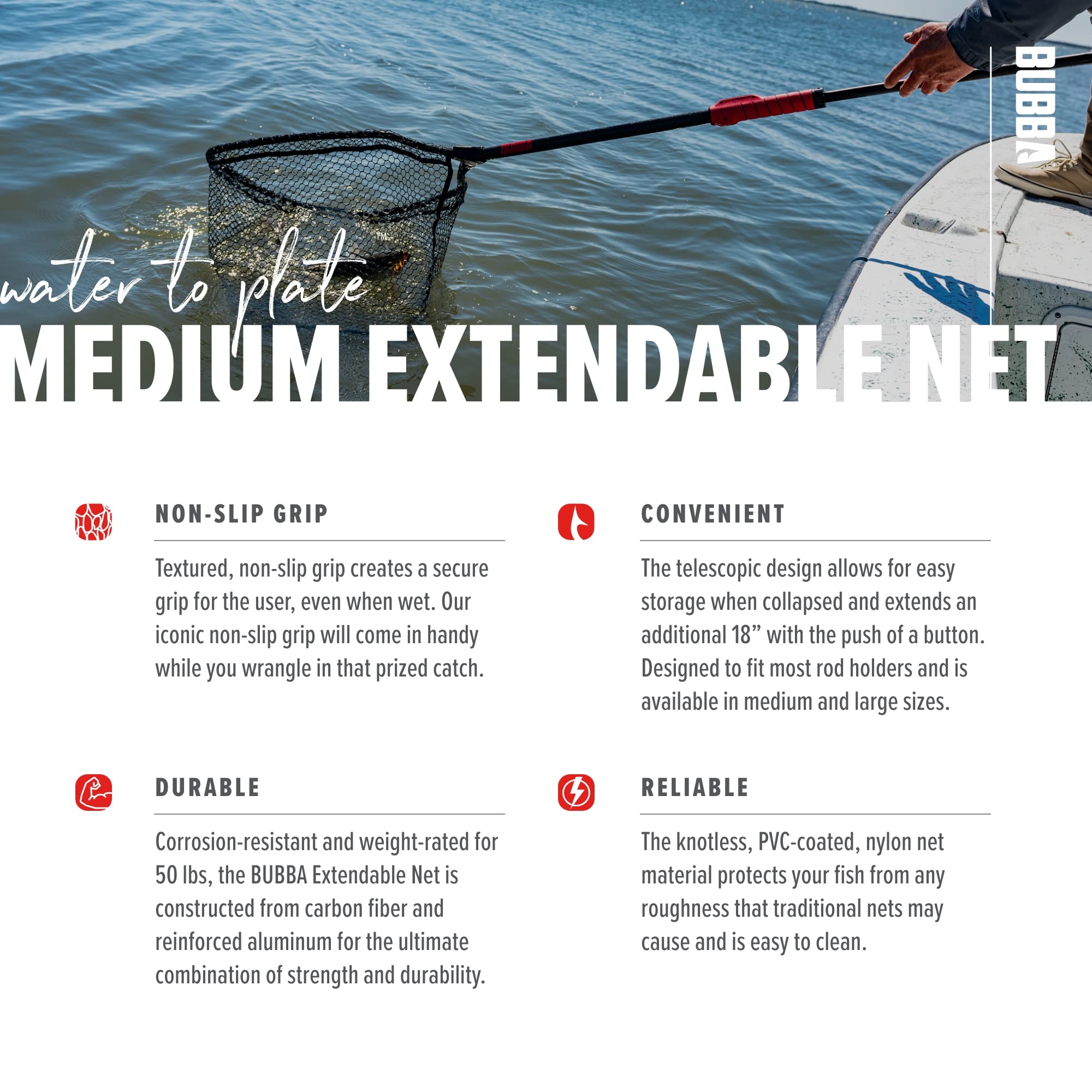 BUBBA Extendable Fishing Net with Corrosion-Resistant Frame, Non-Slip Handle & Carbon Fiber Pole - Perfect for Freshwater, Saltwater, Boat Fishing & Outdoor Adventures