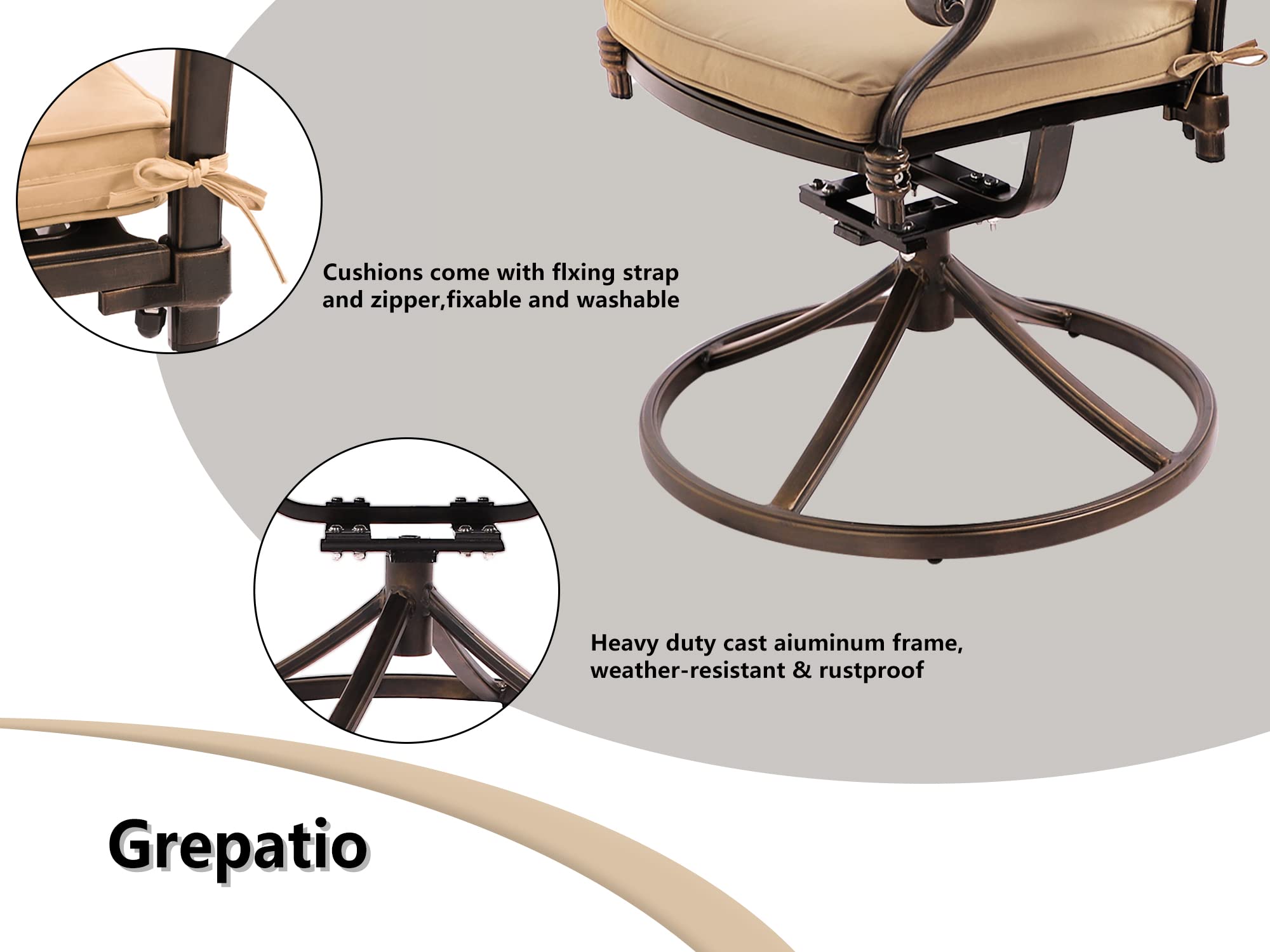 Grepatio 5-Piece Cast Aluminum Outdoor Dining Set with 4 Swivel Rocker Chairs & 35.4