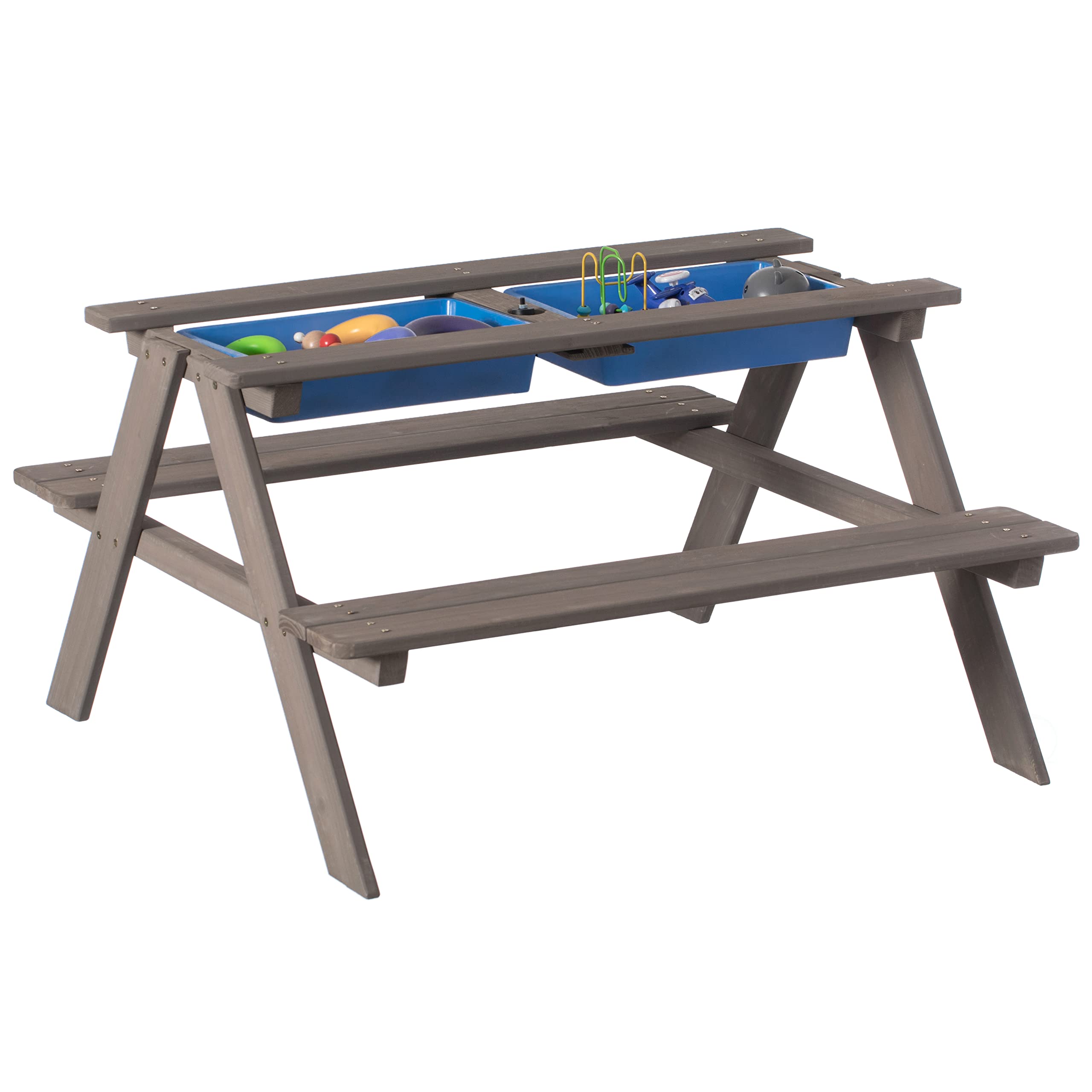 Gardenised Kids Picnic Play Table with Sandbox & Umbrella Hole - 2 Removable Play Boxes, Gray (QI004476) - Perfect for Outdoor Play, Backyard Fun & Toddler Activities