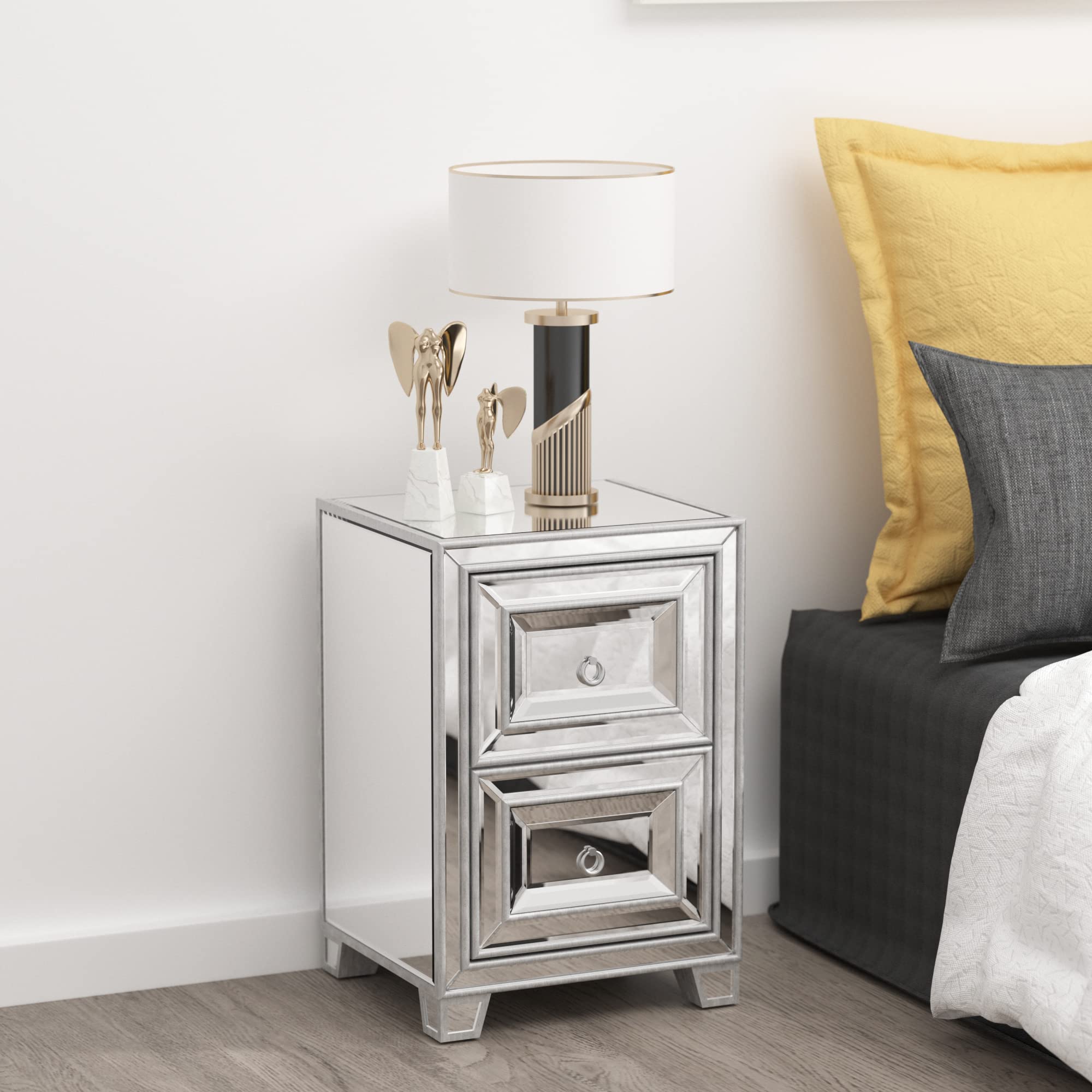 MTFY Modern Mirrored Nightstand with 2 Drawers - Round Knob Accent Table for Bedroom & Living Room - Smooth Mirror Finish End Table for Home Decor, Bedside Storage & Vanity Organization