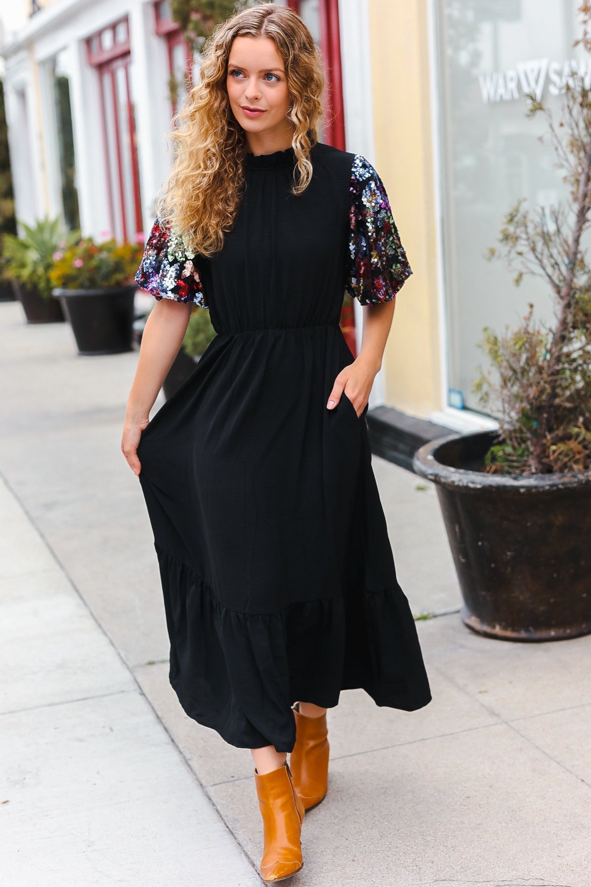 Elegant Black Floral Sequin Puff Sleeve Mock Neck Tiered Maxi Dress for Women - Perfect for Evening Parties, Weddings & Special Occasions