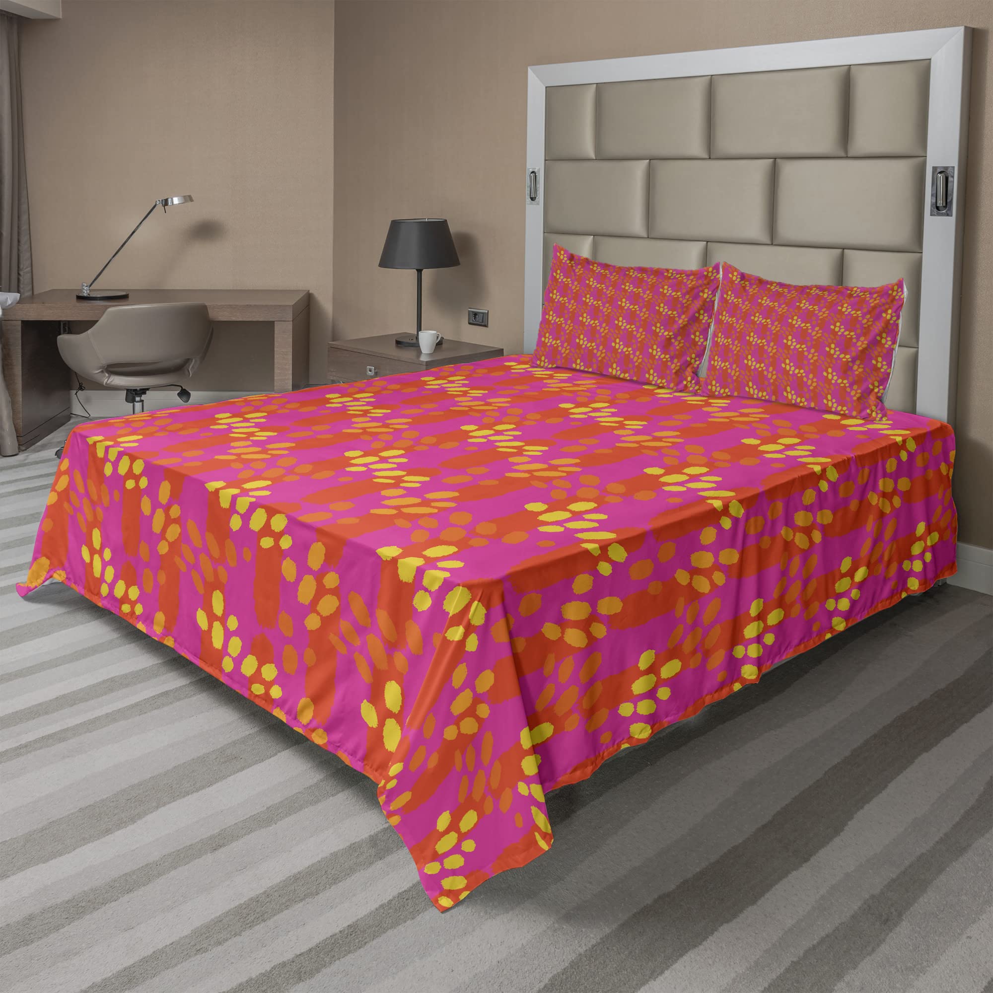 Ambesonne Abstract Paintbrush Splatter 4-Piece King Sheet Set - Vibrant Hot Pink & Earth Yellow Bedding - Perfect for Modern Bedrooms & Guest Rooms