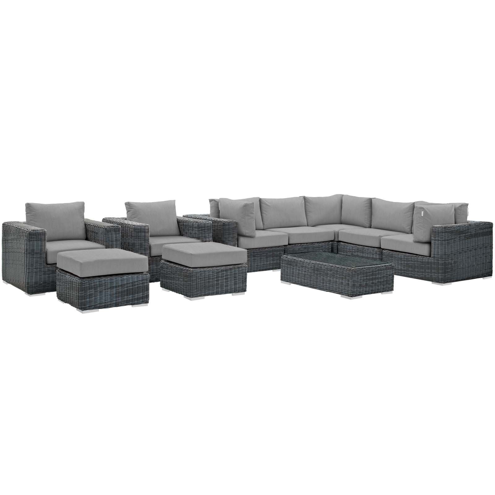 Modway Summon 10-Piece Outdoor Patio Sectional Sofa Set with Sunbrella Cushions in Canvas Gray - Perfect for Backyard, Poolside & Garden Relaxation