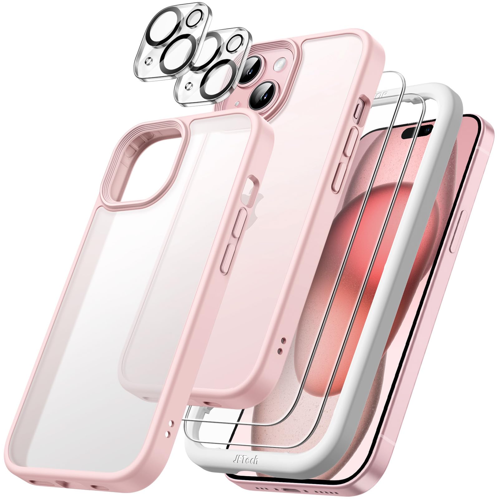 JETech 5-in-1 Matte Shockproof Case for iPhone 15 Plus 6.7-Inch with 2-Pack Tempered Glass Screen Protector & Camera Lens Protector - Translucent Pink Phone Cover for Everyday Protection & Style