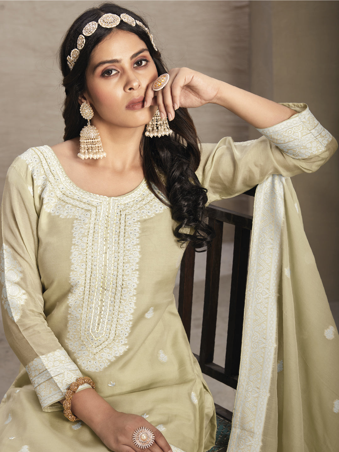 Elegant Beige Organza Pant Suit with Wevon Designer Handwork - Perfect for Weddings, Parties & Special Occasions