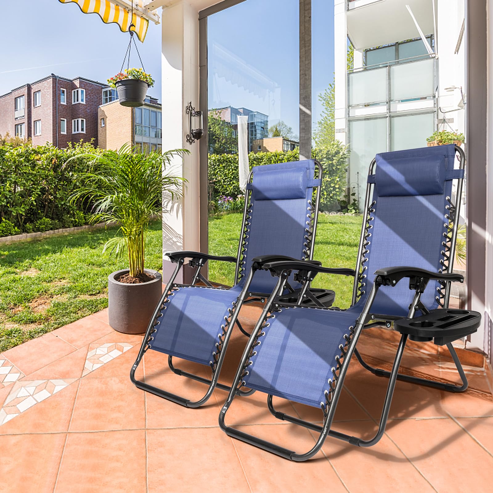 Bonnlo Infinity Zero Gravity Chair - Adjustable Folding Recliner with Pillow & Utility Tray - Outdoor Lounge Patio Chairs for Deck, Beach, Yard, Camping - Perfect for Relaxing, Sunbathing & Backyard Lounging (Blue, Pack of 2)